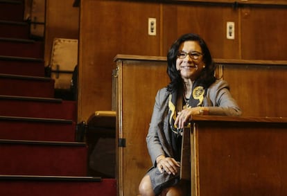 Mar&iacute;a Oquendo, presidenta de la Sociedad Americana de Psiquiatr&iacute;a en el aula Magna de la Fundaci&oacute;n Jimenez Diaz, en Madrid