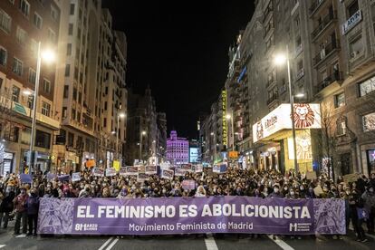 Un momento de una de las manifestaciones para conmemorar el Día Internacional de la Mujer, este martes en la Gran Vía de Madrid.