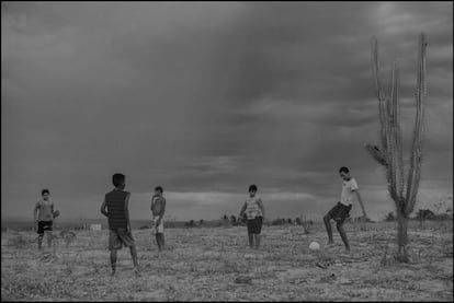 Crianças jogam futebol ao lado de um Mandacaru, vegetação típica da região de caatinga.