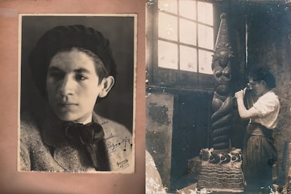 (Izquierda) Retrato de Rómulo Rozo, en París, en mayo de 1931. (Derecha) Rómulo Rozo tallando la Bachué en su taller, en 1925.