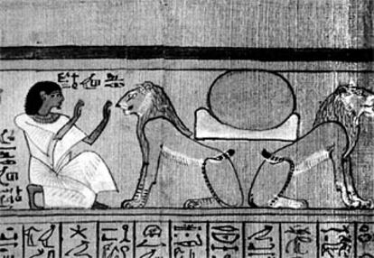 El escriba Ani adorando al dios Aker, representado como dos leones en un papiro de la XIX Dinastía (1250 antes de Cristo).