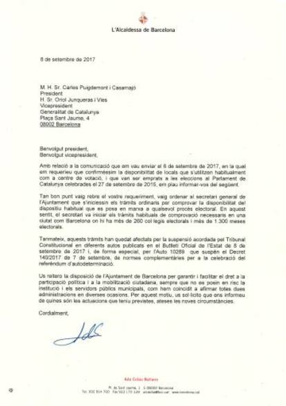 La carta de Colau a Puigdemont.