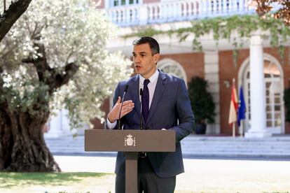 El presidente del Gobierno, Pedro Sánchez, este jueves en La Moncloa, tras la firma de un acuerdo sobre las pensiones.