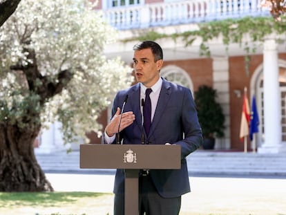 El presidente del Gobierno, Pedro Sánchez, este jueves en La Moncloa, tras la firma de un acuerdo sobre las pensiones.