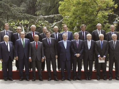 Los integrantes del Consejo Empresarial para la Competitividad (CEC) en el palacio de La Moncloa durante una visita a Mariano Rajoy en mayo de 2014.