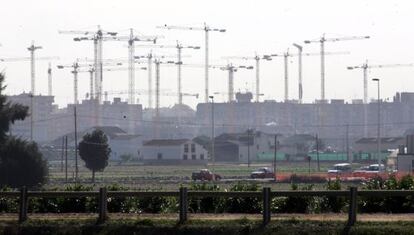 Parcel·les d'horta al nord de València el 2006, envoltades de grues de construcció, en plena febre immobiliària.