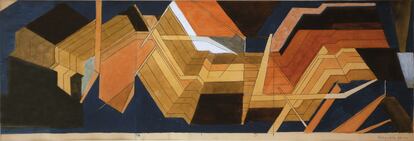Pablo Palazuelo, Sin título, 1949-1950
Gouache sobre papel
19,5 x 56 cm. Decorados para la 'Sonorité jaune' de Wassily Kandinsky, París (proyecto, 1950-54)