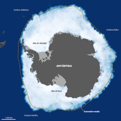 Extensión de hielo marino en la Antártida, en septiembre, con la referencia de la media 1979/2000.