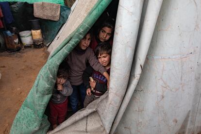 Varios niños se refugian en una tienda improvisada, en un campo para palestinos desplazados en Rafah, este viernes al sur de la Franja.