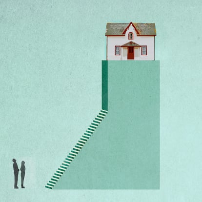 Illustration of two people looking at inaccessible house