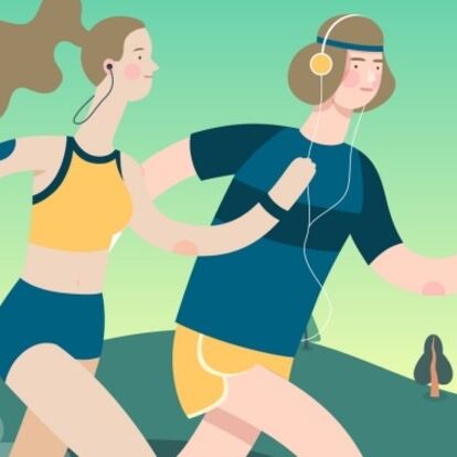 Runners - runners in the park - flat vector concept illustration of young man and woman with headphones, sporting equipment. Healthy activity. Green park, trees, hills and a lake landscape at dawn