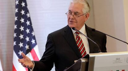 O secretário de Estado dos EUA, Rex Tillerson, em coletiva no México