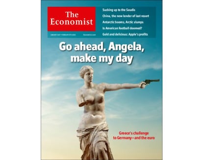 "Vamos, Angela, alégrame el día". Portada del 31 de enero de 2015, dedica a la canciller alemana y la crisis griega, que amenazaban la estabilidad del euro