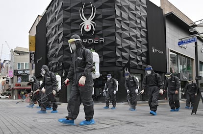 Disinfecting the streets in the South Korean city of Incheon in September. 