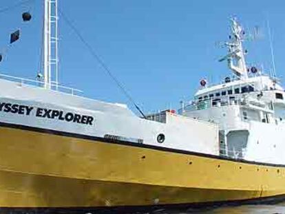 <b>El</b><i> Odyssey</i> <i>Explorer,</i> buque de 76 metros de eslora que la compañía Odyssey, con sede en Florida, utiliza para localizar pecios.