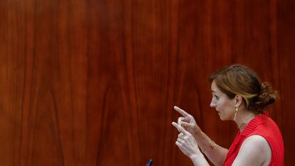 La portavoz de Más Madrid en la Asamblea de Madrid, Mónica García, durante su intervención en un pleno de la Asamblea.