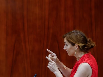 La portavoz de Más Madrid en la Asamblea de Madrid, Mónica García, durante su intervención en un pleno de la Asamblea.