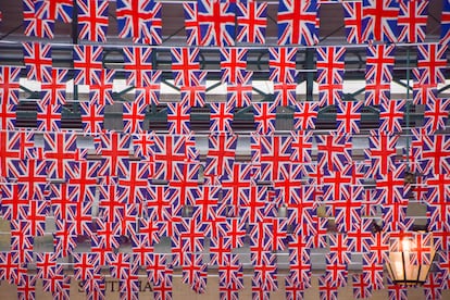 Hundreds of flags decorate Covent Garden in the preparations for the coronation of Charles III