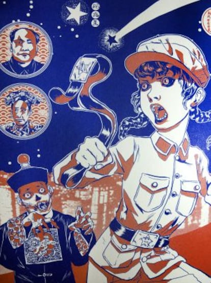 Sobre estas líneas, una de las ilustraciones de Ca Zhuxi, en la que la imaginería comunista se mezcla con referentes venidos de Occidente, como las películas de zombis.