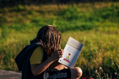 Un niño lee un libro de repaso de vacaciones después de terminar el curso escolar en un parque de Santiago de Compostela.