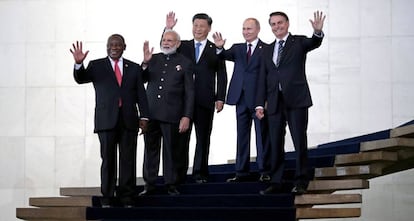 Los presidentes Bolsonaro, Putin, Xi, Ramaphosa y el primer ministro Modi en Brasilia este jueves.