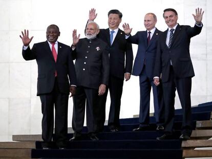 Los presidentes Bolsonaro, Putin, Xi, Ramaphosa y el primer ministro Modi en Brasilia este jueves.