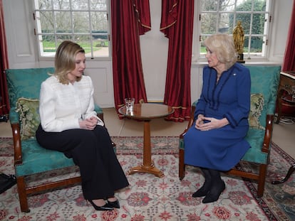 Queen Consort Camilla receives Ukraine's First Lady, Olena Zelenska, at Clarence House on February 29.