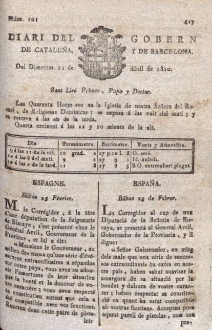 La imposició del model administratiu napoleònic, amb picades d’ullet com l’edició en català i francès del 'Diario de Barcelona' (portada d’abril de 1810), va refer l’encarcarat i ineficaç sistema de gestió pública de l’absolutisme.