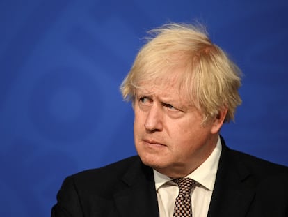 Boris Johnson, durante su rueda de prensa de este lunes en Downing Street.