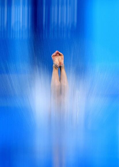 La saltadora australiana Melissa Wu entra en el agua mientras compite en la final de saltos desde plataforma de 10 metros de los Juegos de la Commonwealth, celebrados en Gold Coast (Autralia).