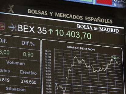 Panel informativo de la Bolsa de Madrid que muestra la evoluci&oacute;n del principal indicador de la bolsa espa&ntilde;ola, el IBEX 35.