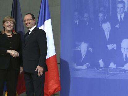 La canciller Merkel y el presidente Hollande, durante la rueda de prensa celebrada en Berlín, el 22 de enero de 2013.