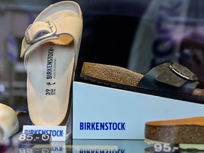 Birkenstock sandals in a store window at the company's store in Berlin on February 26, 2021.