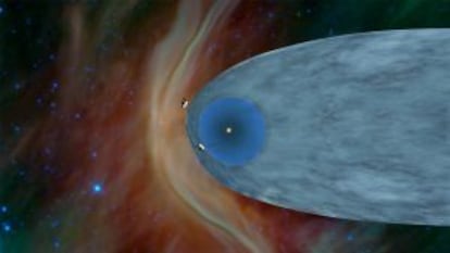 Localización de las naves Voyager 1 y Voyager 2 en el borde de la heliosfera, la burbuja creada por el viento solar.