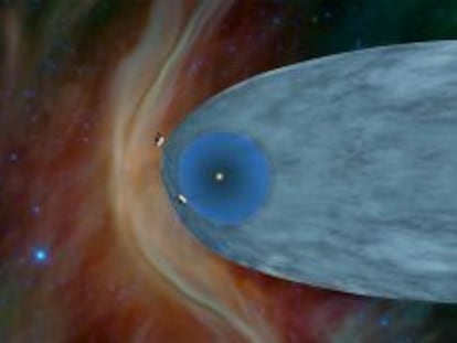 Localizaci&oacute;n de las naves Voyager 1 y Voyager 2 en el borde de la heliosfera, la burbuja creada por el viento solar. 