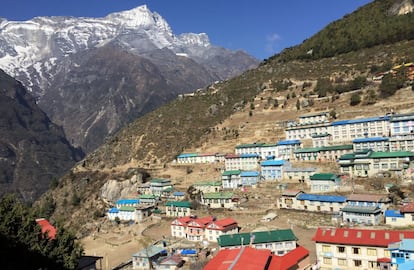 This April 5, 2016 photo shows the village of Namche Bazaar, one of the main communities in the Khumbu region surrounding Everest in Nepal. Trekkers often spend an extra day in Namche Bazaar, at an altitude of 3,440 meters ((11,287 feet), to acclimatize and stock up on supplies. A trek to Everest Base Camp along mountain paths that hug deep gorges offers renewal and a test of mental and physical limits. Along the way there are sore knees and altitude sickness, but the spectacular landscapes, friendly villagers and moments of tranquility make the journey an unforgettable experience. (AP Photo/Karin Laub)