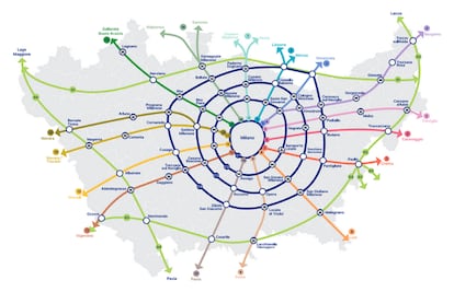 Mapa de los carriles bici propuestos para Milán en 2035.