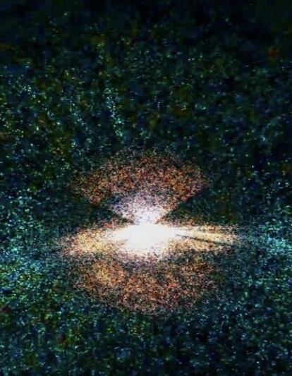 Mapa del universo distante del proyecto BOSS en el que los puntos azulados brillantes son los quásares utilizados para medir el hidrógeno gaseoso intergaláctico.