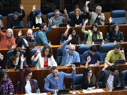 La bancada de Más Madrid vota a mano alzada durante un pleno en la Asamblea de Madrid, el 22 de diciembre.