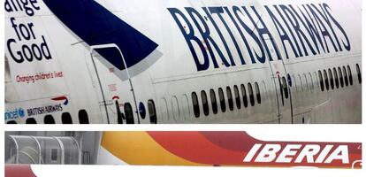 Un avi&oacute;n de la aerol&iacute;nea British Airways (arriba) y un aparato de la compa&ntilde;&iacute;a a&eacute;rea Iberia, del grupo de aerol&iacute;neas IAG.