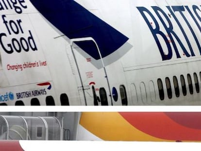 Un avi&oacute;n de la aerol&iacute;nea British Airways (arriba) y un aparato de la compa&ntilde;&iacute;a a&eacute;rea Iberia, del grupo de aerol&iacute;neas IAG.