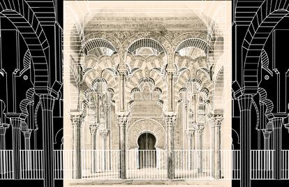 Vista frontal del mihrab de la Mezquita-catedral de Córdoba publicada por Girault de Prangey en 1839 con el modelo digital del estado actual superpuesto. / A. GÁMIZ/ J. CANTIZANI / J. F. REINOSO