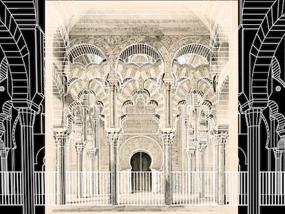 Vista frontal del mihrab de la Mezquita-catedral de Córdoba publicada por Girault de Prangey en 1839 con el modelo digital del estado actual superpuesto. / A. GÁMIZ/ J. CANTIZANI / J. F. REINOSO