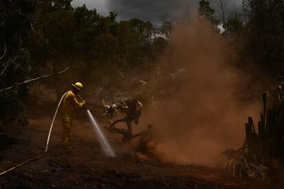 Un bombero trabaja para extinguir las llamas del incendio en Maui (Hawái), este domingo.