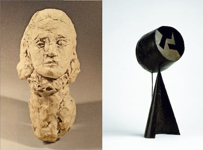 'Busto de Dora Maar', de Fenosa y Picasso y, a la derecha, 'Enamorados II' de Juli González.