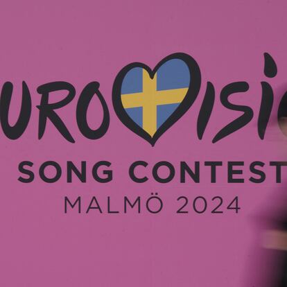 A person walks past a sign for the 2024 Eurovision Song Contest in Malmo, Sweden, April 17, 2024/ REUTERS/ Tom Little