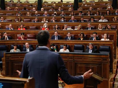 Pedro Sánchez interviene en la sesión de control al Gobierno de esta mañana en el Congreso.