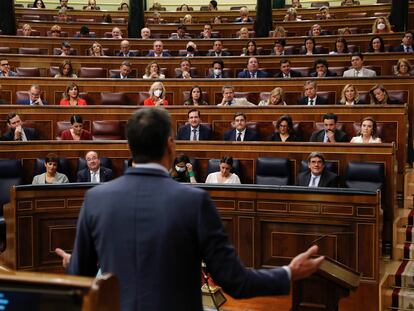 Pedro Sánchez interviene en la sesión de control al Gobierno de esta mañana en el Congreso.