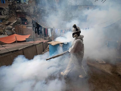 A member of a health brigade fumigates a street to prevent the spread of dengue in the San Juan de Lurigancho district in Lima, on May 11.
