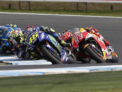 Rossi, Márquez, Viñales y Iannone, la semana pasada en Phillip Island.